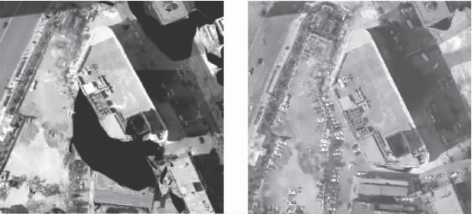 未利用傾斜影像修補(bǔ)存在黑洞圖(左)、利用傾斜影像修補(bǔ)后的TDOM圖(右)